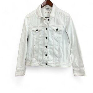 Eddie Bauer Jean Jacket Womens Size L White Button Up Cotton Blend Casual Denim